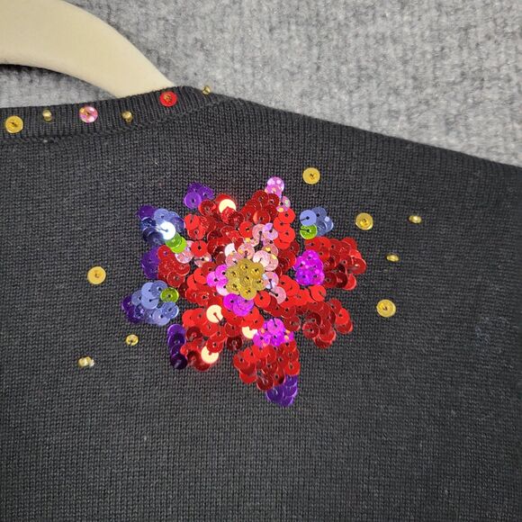 QUACKER FACTORY Black Sequin Christmas Poinsettia Holiday Novelty Sweater XS - Picture 6 of 12